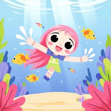 A kawaii anime girl with large sparkling eyes and a bright smile is swimming in a vibrant coral reef. She has long, flowing hair that shimmers in shades of pink and blue. Surrounding her are colorful fish, including yellow and orange clownfish and blue tangs, all curiously swimming around her. The coral reef is filled with various shapes and sizes of coral in vivid colors like red, purple, and green. Sunlight filters through the water, creating playful patterns on the sandy ocean floor below.