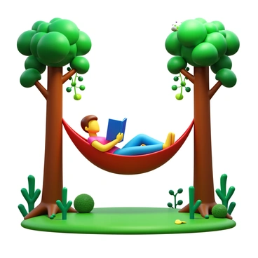A person laying comfortably in a hammock, holding an open book. The hammock is suspended between two tall trees with lush green leaves. Soft sunlight filters through the branches, creating patterns on the ground. The person has a relaxed posture, dressed in casual, comfortable clothing. Surrounding them are various trees and vibrant plants, adding to the serene atmosphere of the forest. Birds can be seen perched on branches, and the ground is covered with soft grass and fallen leaves.