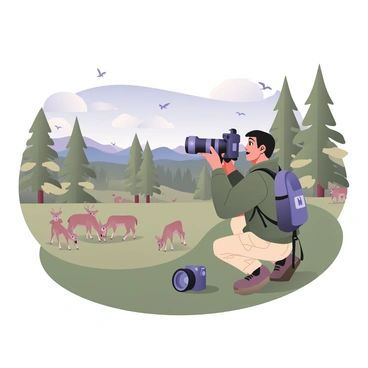 A photographer capturing wildlife in a scenic nature reserve, with a camera and lens in hand