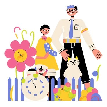 A colorful collage featuring a variety of characters such as a tall, slender man with oversized glasses and bright blue hair, a short, round woman wearing a polka-dot dress and a wide-brimmed hat, and a mischievous cat with exaggerated features and an oversized tail. Surrounding the characters are various whimsical elements like large flowers with vibrant petals, a surreal clock melting over a fence, and abstract shapes in bright colors. Each character and element possesses distinct textures, from smooth surfaces to rough, bumpy accents that enhance the visual diversity of the piece. The characters are arranged in a dynamic composition, interacting with the surrounding elements for a lively presentation.