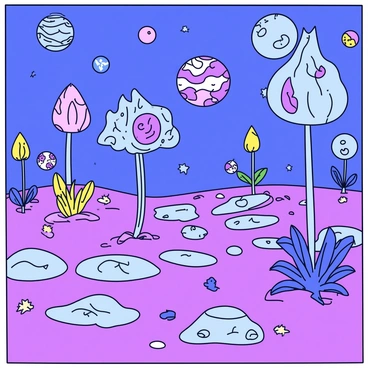A vast alien landscape with vibrant, unusual plants in various shapes and colors. Some plants have tall, spindly stems topped with large, translucent leaves, while others resemble oversized blossoms with swirling patterns. In the background, a sky filled with multiple moons of different sizes and colors illuminates the scene. The moons vary from a bright blue to a soft lavender, casting unique shadows on the ground below. The terrain is rocky and uneven, scattered with bioluminescent patches that glow softly in the dim light.