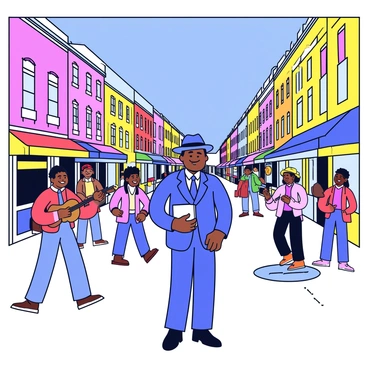 A vibrant street in Harlem filled with various colorful storefronts and street vendors. People of diverse backgrounds and styles walk along the sidewalk, engaging in lively conversations and laughter. Langston Hughes is depicted standing on the sidewalk, observing the bustling scene. He is dressed in a classic suit with a fedora hat, holding a notebook in one hand and a pen in the other. Around him, musicians play jazz on the corner, while a group of children play hopscotch nearby. The sky above is bright blue, adding to the lively atmosphere.