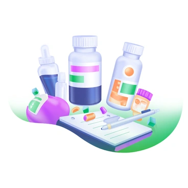 A sketch of various medicine bottles and their contents