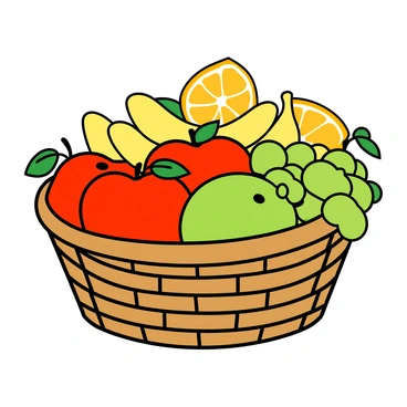 A colorful basket made of woven brown wicker sits prominently in the center of the image. The basket is filled with a variety of fruits including red apples, bright yellow bananas, and plump green grapes. There are also slices of orange and lemon peeking out from the top, showcasing their vibrant colors. The fruits are arranged in a cheerful manner, with some spilling slightly over the edges of the basket. A few leaves are scattered around the fruits, adding a touch of freshness to the scene. The background is a solid white, emphasizing the bright colors of the fruits and the basket.