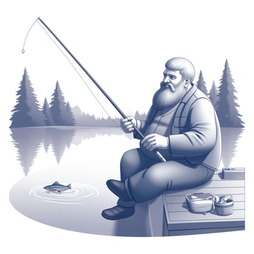 A large man with a bushy beard is sitting on a wooden dock, holding a fishing rod. He wears a weathered coat and has a gentle expression on his face. The lake is calm, surrounded by lush greenery and several trees that tower in the background. In front of him, there are ripples in the water where a fish has just surfaced. Nearby, a basket sits on the dock with some fishing gear scattered around. The sun casts soft shadows, creating a tranquil atmosphere around this picturesque lakeside scene.