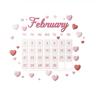 A calendar page for the month of February, prominently featuring the numbers "1" to "29" arranged in a grid format. The background is filled with vibrant pink and red hearts of various sizes, scattered throughout the page. Each day's square is bordered with a thin red line, enhancing the festive theme. The word "February" is displayed at the top in bold, elegant lettering, surrounded by smaller hearts. The overall composition conveys a cheerful and romantic atmosphere.