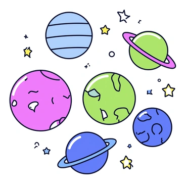 A cosmic scene featuring multiple planets in different sizes and colors. Each planet has a glowing texture, with vibrant hues such as blue, green, and purple. Surrounding the planets are twinkling stars, varying in brightness. The stars also exhibit a glowing effect, creating a sense of depth. The entire illustration uses a facture style, with visible dynamic brush strokes giving an energetic feel to the celestial bodies.