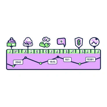 A timeline illustration depicting key historical interest rates alongside major economic events. The timeline runs horizontally across the image, marked with specific years at equal intervals. Above the timeline, labeled icons represent various economic events, including a symbol for a recession, a housing market crash, and a booming stock market. Below the timeline, a line graph tracks the fluctuations of interest rates over the years, with distinct peaks and troughs. Each significant event on the timeline is connected to the corresponding change in interest rates, creating a clear visual relationship between the two aspects.