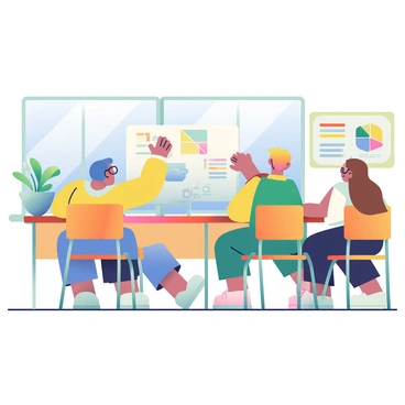 A bright classroom filled with sunlight filtered through large windows. Several students are seated at wooden desks, animatedly engaged in lively discussion. One student with short blue hair and glasses is raising their hand enthusiastically. Another student with long brown hair and a yellow shirt is leaning forward, eagerly listening. In the background, a whiteboard displays colorful diagrams and notes. A potted green plant sits on the windowsill, adding a touch of nature to the scene. The classroom walls are adorned with educational posters, contributing to the vibrant atmosphere.