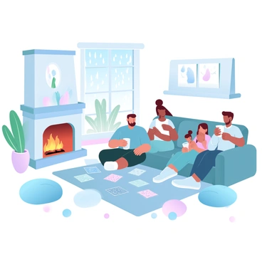 An INFJ is sitting on a soft rug in the middle of a cozy living room, surrounded by family members who are engaged in playing board games. The room features a warm fireplace with a gentle glow, and a large window shows raindrops falling outside. Plush cushions are scattered around, and a coffee table holds various colorful board games and mugs filled with hot drinks. The walls of the living room are adorned with family photos and soft, pastel-colored artwork, creating a welcoming atmosphere. A couple of houseplants are placed in the corners, adding a touch of greenery to the scene.