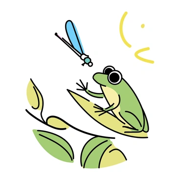A green tree frog with large eyes is perched on a broad leaf. Its limbs are slightly outstretched as it reaches towards a dragonfly. The dragonfly, with delicate, iridescent wings, is hovering just above the frog. Sunlight filters through the surrounding foliage, casting soft shadows on the leaves below. The frog’s skin has a glossy texture, enhancing its vibrant color, while the dragonfly's body glimmers in the light.