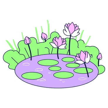 A pond is surrounded by lush greenery and features several blooming lotus flowers scattered across its surface. The flowers have wide petals and are in various stages of bloom, with some fully open and others still closed. Floating on the pond, there are numerous lily pads in different sizes, providing a backdrop for the lotus flowers. The water is calm and reflects the sky above, with gentle ripples created by a light breeze.