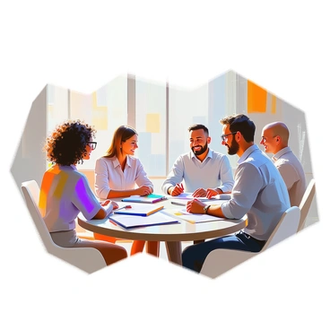 A specialized customer care team gathered around a round table, engaged in a focused discussion about a complex issue. The team consists of five members, including two women and three men, each with diverse backgrounds. The first woman has curly hair and wears glasses, while the second has straight hair and is dressed in a blue blouse. One of the men has short hair and sports a beard, while another has longer hair tied back, wearing a casual shirt. The third man is bald, wearing a sweater. Various documents and digital devices are spread across the table, indicating the seriousness of the conversation. The room is well-lit, with a large window allowing natural light to filter in, enhancing the collaborative atmosphere.
