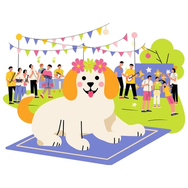 A dog with a flower crown enjoying a lively outdoor music festival