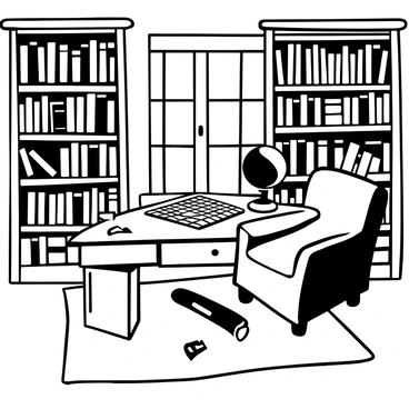 An old-fashioned study room with wooden shelves filled with books lining the walls. A large, oak desk is positioned in the center of the room, adorned with a historical crossword puzzle laid out neatly on the surface. An antique globe sits on one corner of the desk, while a quill and inkpot are placed beside it. A comfortable, upholstered armchair is situated next to the desk, inviting reading and contemplation. A patterned rug covers the wooden floor, adding warmth to the atmosphere. A window lets in light, casting soft shadows across the room.