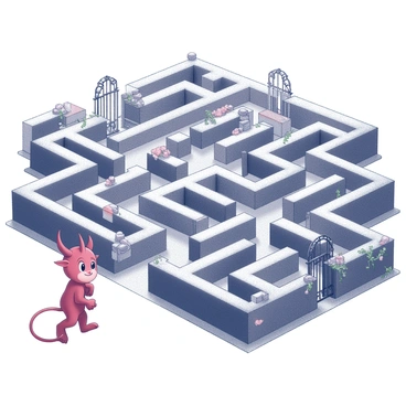 A devil figure with red skin and small horns is wandering through a sprawling Victorian garden maze. The maze is constructed from tall, neatly trimmed hedges and features various pathways leading in different directions. The garden includes ornate wrought iron gates and decorative stone benches along the paths. There are blooming flowers and climbing vines, adding detail to the intricate scenery. The devil appears to be observing the surroundings, with a mischievous expression on its face as it navigates the twists and turns of the maze.