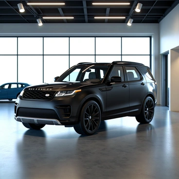 A sleek black Range Rover with a glossy finish is prominently displayed in a modern car showroom. The vehicle features sharp lines and a stylish design, showcasing its luxurious exterior. Spotlights above illuminate the car, emphasizing its distinctive features such as the signature front grille and elegant wheel rims. The showroom has polished concrete floors and minimalist decor, creating an upscale atmosphere that complements the Range Rover's sophisticated appearance. Large glass windows reflect the car, allowing natural light to enhance the overall presentation.