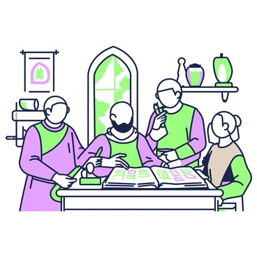 A group of monks is gathered in a medieval scriptorium, focused on illustrating a manuscript. In the center, a monk with a shaved head is positioned at a wooden desk, carefully holding a quill above a large open book, which displays intricate designs and colorful illustrations. Another monk, dressed in a simple brown robe, is sitting beside him, examining a page with added details, while a third monk is standing nearby, looking over their work. The room is filled with wooden shelves that hold various scrolls and ink pots. Soft light filters through a small window, illuminating the scene of dedication and craftsmanship.