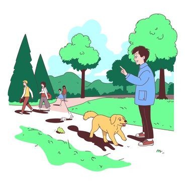 A person with short brown hair wearing a blue jacket stands in a park, gazing with wide eyes at a dog that resembles their own. The dog, a fluffy golden retriever, runs playfully on the grass, wagging its tail. Surrounding them are tall green trees, and a few people stroll in the background, enjoying the sunny day. The person's expression reflects surprise and delight as they point toward the dog, while the dog looks back, tilting its head in curiosity.