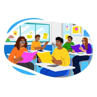 A bright classroom filled with colorful posters on the walls and desks arranged in a U-shape. Several students are seated at the desks, each holding their illustration portfolios open. A girl with curly brown hair is showing her portfolio to a boy with glasses, who is leaning forward in interest. Another student, a boy with short black hair, is flipping through his own portfolio while sitting next to a girl with long straight hair who looks impressed. Sunlight streams through large windows, illuminating their eager faces and the vibrant artwork on the pages.