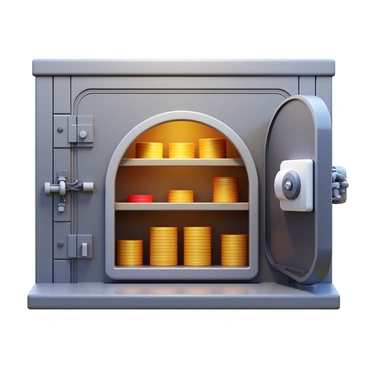 A heavily secured vault with a thick metallic door and an intricate digital lock. The interior of the vault is well-lit, revealing stacks of shiny crypto coins arranged neatly on shelves. The coins are depicted in various colors, glimmering under the light. The walls of the vault are reinforced with steel, showcasing a complex security system with wires and sensors. The floor is polished concrete, enhancing the modern and high-tech appearance of the space.