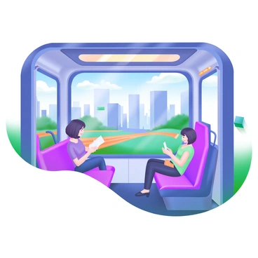 A view from inside a metro train featuring the interior with modern seating and large windows. Through the windows, a vibrant cityscape is visible, showcasing tall buildings, bustling streets, and greenery. The sky above is mostly clear with a few clouds. The train's interior includes passengers engaged in various activities, such as reading, looking out the window, and using their phones. There is a soft glow from the overhead lighting, enhancing the colors of the scene outside.