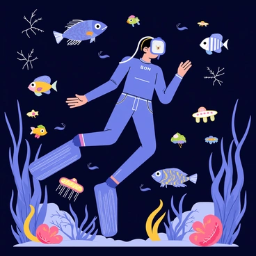 A diver wearing a blue wetsuit and a clear diving mask is exploring the depths of the ocean. Surrounding the diver are various mysterious fish with elaborate patterns and colors. Some of the fish have long fins, while others are brightly colored with unique shapes. Glowing creatures, resembling jellyfish and small sea anemones, emit a soft bioluminescent light, illuminating the dark blue water. The scene is filled with underwater plants swaying gently, adding to the vibrant ecosystem being explored.