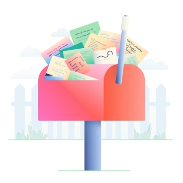 A mailbox is prominently placed in the center of the image, overflowing with a colorful assortment of letters and feedback notes. The mailbox is styled in a classic red with a white flag raised, indicating it is full. The letters are various sizes and colors, some with neatly handwritten addresses and others with decorative designs. Among the letters, several feedback notes are visible, showcasing different colors of paper and varying degrees of scribbled comments. The backdrop features hints of a quaint neighborhood setting with blurred outlines of fences and houses, adding context to the mailbox's location.