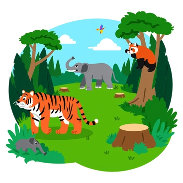 A vibrant illustration depicting various endangered species in their natural habitats that are threatened by deforestation. A majestic Bengal tiger with striking orange fur and black stripes stands on a patch of grass, looking alert. Nearby, a playful red panda with fluffy fur climbs a tree, surrounded by lush green foliage. A family of Asian elephants, with large ears and trunks, is seen in the background walking through the forest. The trees, tall and thick, show signs of logging with cut stumps scattered around. Sunlight filters through the leaves, casting dappled shadows on the ground, and a few colorful birds can be seen flying overhead. The scene captures the beauty of these species while highlighting the impact of habitat loss.