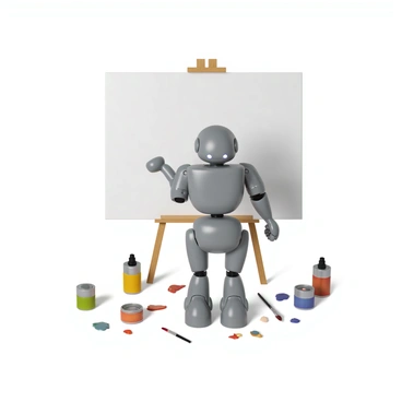 A humanoid robot with metallic limbs and glowing eyes is standing in front of a large white canvas. The robot is holding a brush in one hand, poised as if ready to make a stroke on the canvas. Various tubes of bright-colored paint are scattered on the ground around it, along with several brushes of different sizes lying haphazardly. The scene conveys a sense of creativity and activity, with paint splatters on the floor and the canvas blank, awaiting the robot's artistic expression.