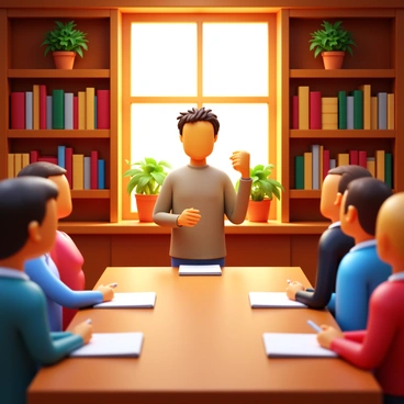 A writer standing in front of a group of attentive participants in a cozy library. The writer has short, tousled hair and is wearing a comfortable sweater. Around them, bookshelves are filled with books, creating a warm atmosphere. Soft, golden lighting from a nearby window casts gentle shadows. Participants are seated at a large wooden table with notebooks and pens. There are potted plants on shelves, enhancing the inviting ambiance. The writer is gesturing animatedly, encouraging creativity and expression.