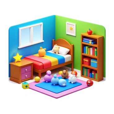 A child's bedroom with bright, colorful toys scattered across the floor. The walls are painted in cheerful shades, and a small bed with a colorful quilt is positioned against one wall. A soft, glowing nightlight shaped like a star is placed on the bedside table. Various plush animals are arranged on the bed, and a bookshelf filled with children's books is situated in the corner. A playful rug adds comfort to the room, completing the cozy atmosphere.