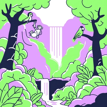 A dense jungle filled with a variety of lush trees. Several playful animals are seen swinging from the branches, including a monkey hanging upside down and a colorful parrot perched nearby. In the background, a tall waterfall cascades down rocky cliffs, creating a mist that contributes to the lively atmosphere. The jungle floor is dotted with vibrant foliage and a few large leaves that provide shade. Sunlight filters through the canopy, casting intricate shadows on the ground.