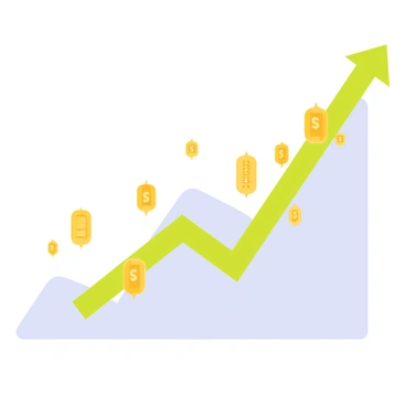 A graph with a bright green upward trend line, featuring multiple arrows pointing upwards at various points along the line. The background is a light blue. Interspersed along the line are golden dollar signs, symbolizing financial success. Each arrow has a small label indicating a growth milestone, and the overall composition conveys a sense of progress and achievement.