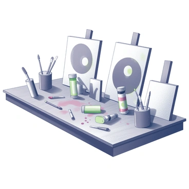 A wooden table is covered with an assortment of paint tubes, some opened and the colors oozing out. There are multiple brushes of varying sizes scattered across the surface, each with paint clinging to the bristles. Several canvases of different sizes are propped up against the table, some blank and others partially painted, showcasing bold shapes and forms. The scene conveys a sense of creativity and artistic chaos, with paint splatters and brush strokes visible on the table and surrounding surfaces.