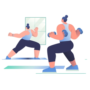 A fitness instructor is demonstrating a workout session that combines yoga poses and dumbbell squats. The instructor has dark hair tied in a bun and is dressed in a light blue tank top and black workout leggings. In the foreground, the instructor is in a warrior II pose, with one arm extended out to the side and the opposite arm bent, holding a dumbbell. In the background, there is a yoga mat on a wooden floor. To the right, the instructor transitions into a squat position while holding a pair of dumbbells in each hand, with her knees bent and back straight. Bright sunlight streams in through a nearby window, casting soft shadows on the floor.