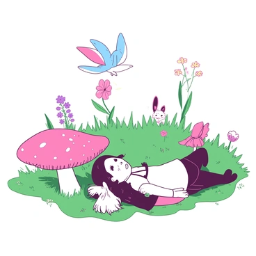 A girl named "Alice" is lying on her back in a grassy meadow, with her eyes closed as if she is dreaming. The meadow is filled with vibrant green grass and colorful wildflowers. Surrounding her are ethereal creatures from "Wonderland," including a tall, slender figure with large, colorful wings hovering above her, and a small, fluffy creature with big ears peeking out from behind a flower. There is a large, whimsical mushroom nearby, and a faint shimmer of light envelops the scene, creating an otherworldly atmosphere.