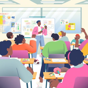 A lively classroom filled with students of diverse backgrounds is engaged in learning various illustration techniques. In the front, an instructor with short, curly hair is demonstrating on a large whiteboard, using colorful markers to showcase different drawing styles. The students are seated at wooden desks, each equipped with sketchbooks and an array of art supplies like colored pencils, markers, and erasers. One student in the back is raising their hand for a question, while another is focused on sketching in their notebook. The walls of the classroom are adorned with vibrant student artwork and inspiring posters related to art and creativity. Sunlight streams through the large windows, illuminating the energetic atmosphere of the room.