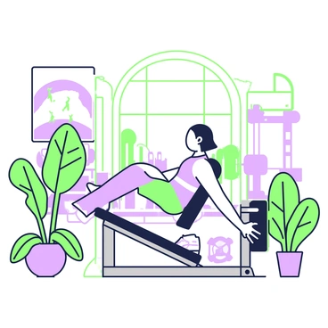 A person is performing leg presses on a machine in a gym. They are wearing workout attire and focusing on their exercise. Surrounding them are various tropical plants in pots, adding greenery to the environment. The gym features beach-themed decor with light wooden elements and wall art depicting ocean waves. Sunlight filters through a large window, creating a bright atmosphere. In the background, gym equipment is visible, including weights and benches.