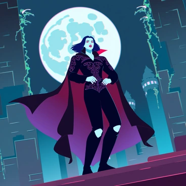 A bloodthirsty vampire with pale skin and sharp fangs is emerging from the shadows of a towering gothic castle. The vampire has deep-set red eyes that gleam with hunger. Its long, dark hair flows dramatically as it steps into the dim light, revealing an intricately designed black cloak that billows around it. The castle's stone walls are adorned with creeping ivy and twisted gargoyles, enhancing the ominous atmosphere. In the background, a full moon casts a silvery glow, illuminating the scene with an eerie light.