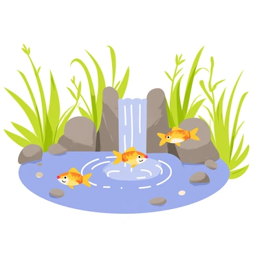 A group of colorful guppies swimming gracefully near a small, miniature waterfall in a pond. The waterfall has gently cascading water flowing over smooth stones, creating ripples in the clear water below. Lush green aquatic plants surround the pond, providing a vibrant habitat for the guppies. Small pebbles line the bottom of the pond, adding texture to the scene. Sunlight filters through the leaves, casting dappled light on the fish as they swim playfully around the waterfall.