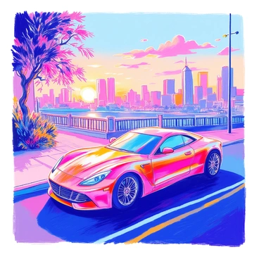A luxury car is parked on an empty street. It has a sleek, polished exterior that reflects the soft light of the rising sun. The backdrop features a city skyline with tall buildings, their silhouettes outlined against the glowing horizon. The sky is filled with shades of orange and pink, signaling the early morning. The street is clear, allowing for an unobstructed view of the car and the city beyond.