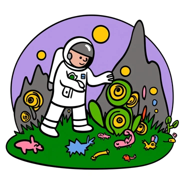 An astronaut with a reflective helmet and a white space suit, is standing on a vibrant alien planet. The ground is covered in multicolored grass and unusual glowing plants with spiral shapes and large leaves. In the background, there are towering rock formations with strange textures and colors. Various peculiar creatures, some resembling small mammals and others looking like insects, are scattered around, interacting with the foliage. The sky is a bright shade of purple with two suns shining in the distance. The astronaut appears curious and is reaching out towards one of the glowing plants, showcasing the sense of exploration and discovery.