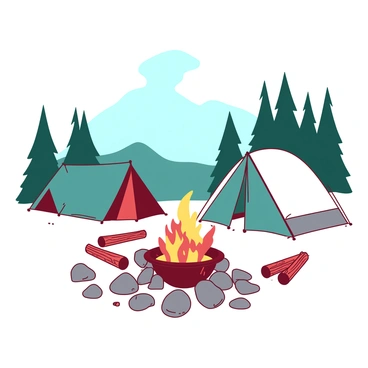 A red fire pit is surrounded by several gray stones, crackling with bright orange flames. Nearby, two tents are pitched; one is a teal dome tent, while the other is a white cabin-style tent. Tall pine trees rise in the background, their dark green needles contrasting against the light blue sky. A few scattered logs are arranged around the fire pit, serving as seating for campers. The scene captures the essence of a cozy campsite in the mountains.