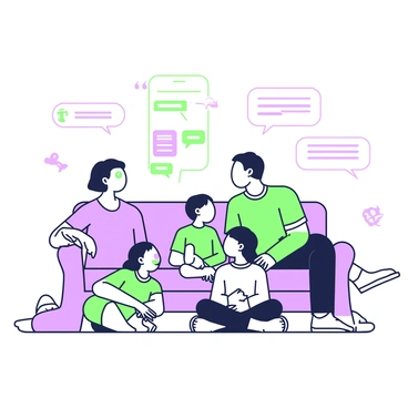 A family of four is gathered in a modern living room. They are seated comfortably on a sectional sofa, each wearing a sleek communication implant on their temples. The parents, a man and a woman, are facing each other while their two children, a boy and a girl, sit cross-legged on the floor, engaged in the conversation. The children's expressions show curiosity and excitement as they listen to their parents. Above them, a holographic interface displays floating text messages and symbols that represent their telepathic conversations. The overall atmosphere is one of connection and technology, with soft lighting illuminating the room.