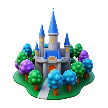A 3D icon of an "enchanted castle" with tall spires and intricate architectural details. The castle is enclosed by a "magical forest" filled with trees that have glowing leaves and whimsical colors. The forest surrounds the castle on all sides, creating a vibrant contrast. The entire scene is designed to fit on a "30x20 board" format, ensuring a balanced composition. The sky above is depicted with a soft gradient to enhance the magical atmosphere.