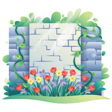 A weathered stone wall, with visible cracks and a rough texture, stands prominently in the image. In front of the wall, a vibrant display of colorful flowers blooms, featuring red roses, yellow daisies, and purple irises. To the sides, green vines with thick leaves are climbing up the wall, intertwining among the stones. The garden surrounding the wall is filled with lush greenery, providing a rich backdrop to the scene, with patches of sunlight filtering through the leaves.