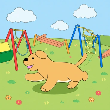 A small, cheerful puppy with floppy ears and a wagging tail is bouncing around a vibrant playground. The puppy has a glossy coat of golden fur and a playful expression on its face. Surrounding the puppy, there are bright swing sets painted in red and blue, colorful slides in shades of green and yellow, and multicolored seesaws. The ground is covered in soft, bright grass and dotted with cheerful flowers in various colors. In the background, a bright blue sky with fluffy white clouds adds to the playful atmosphere of the scene.