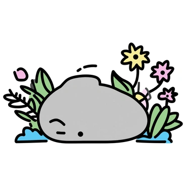 A smooth, round stone, resembling the shape of a chin, is nestled among green leaves and colorful flowers in a garden. The stone has subtle variations in color, displaying shades of gray and beige. Sunlight filters through the foliage, casting soft shadows around the stone, highlighting its contours. Various plants in the garden surround the stone, including small ferns and blooming flowers in shades of pink and yellow.
