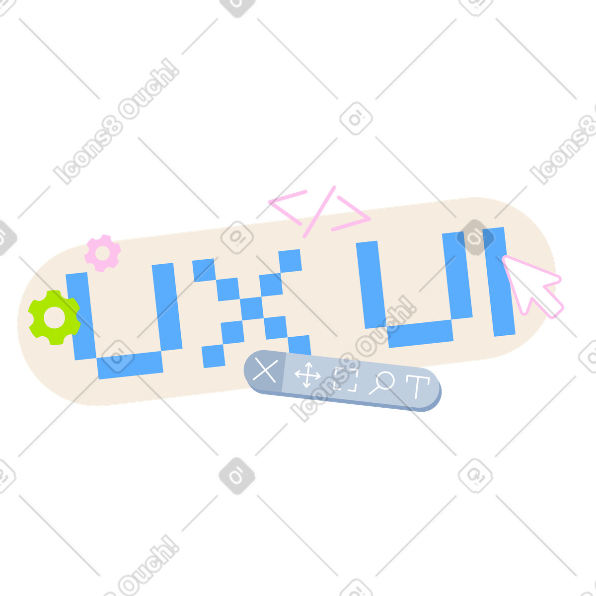 Stylized UX UI letters with cursor and editing toolbar, Usability, prototyping interface customization illustration in 8bit style download in PNG, SVG